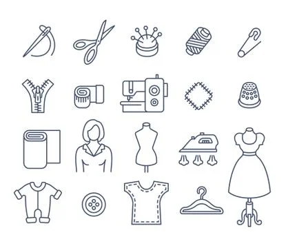 Sewing tools flat thin line vector icons Stock Illustration