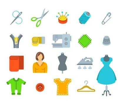 Sewing tools flat vector icons Stock Illustration