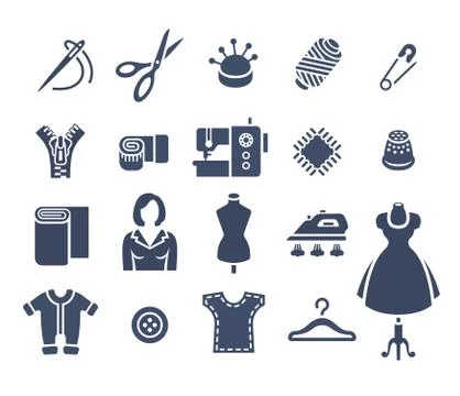 Sewing tools flat vector silhouette icons Stock Illustration
