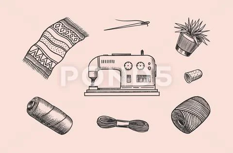 Seamless pattern with sewing & embroidery tools. Background with sewing  tools and colored tape. Scissors, bobbins with thread and needles. Hand  drawn vector illustration Stock Vector