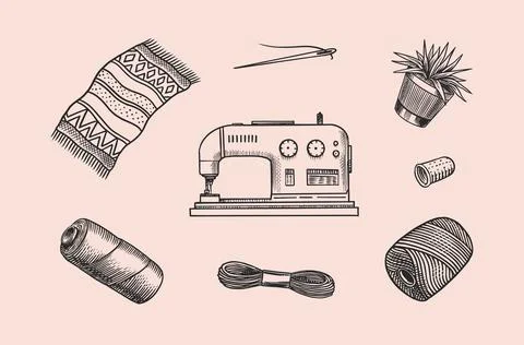 Sewing tools. Handmade. Scissors, machine, bobbins and needlework. DIY Stock Illustration