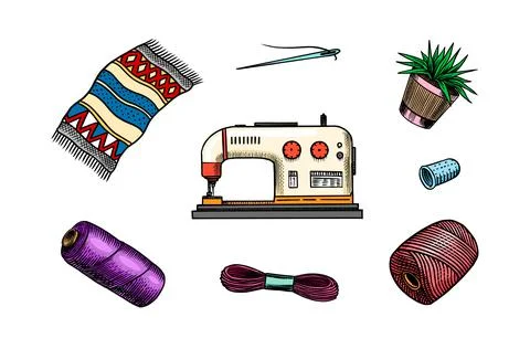 Sewing tools. Handmade. Scissors, machine, bobbins and needlework. DIY Stock Illustration