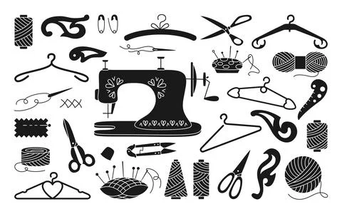 Sewing tools hobby set thread black glyph vector Stock Illustration