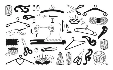 Sewing tools hobby set thread monochrome vector Stock Illustration