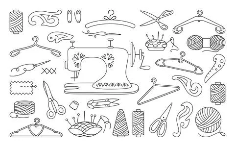 Sewing tools hobby set thread black line vector Stock Illustration