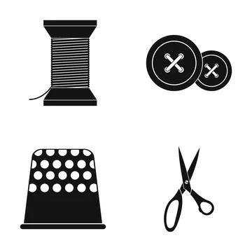 Sewing tools icons set with thread, buttons, thimble, scissors Stock Illustration