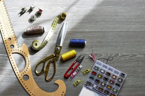 Sewing Tools Kit With Measuring Tape Scissors Spools And Thread Box For Crafting Stock Photos