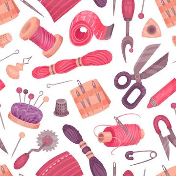 Sewing Tools Seamless Pattern Design with Handcraft Equipment Vector Template 스톡 일러스트