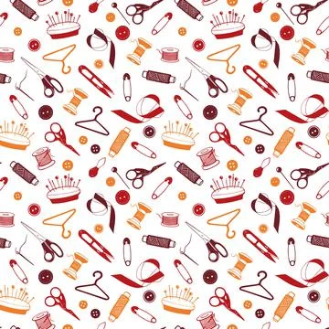 Sewing Tools Seamless Pattern, hand drawn elements. Tailoring accessories - t Illustrazione stock