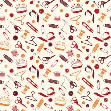 Sewing Tools Seamless Pattern, hand drawn elements. Tailoring accessories, th Illustrazione stock