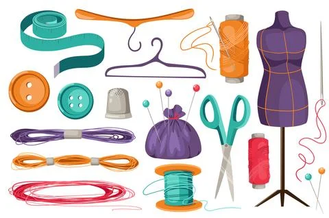 Sewing tools set graphic elements in flat design. Bundle of measuring tape,.. Illustrazione stock