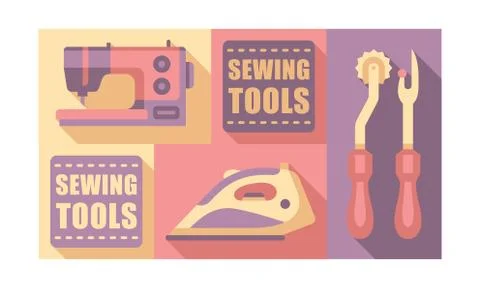 Sewing tools set, tailoring and dressmaking craft elements vector Illustration Ilustración de archivo