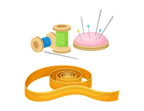 Sewing tools set. Thread bobbins, needles and measuring tape tailoring supplies Illustrazione stock
