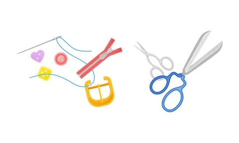 Sewing tools set. Zipper, buttons, scissors tailoring supplies vector 스톡 일러스트
