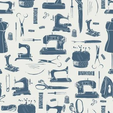 Sewing tools silhouettes, seamless pattern Stock Illustration