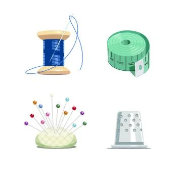 Sewing tools. Thread bobbin with needle, tape-measure, pillow and thimble for Stock-Illustration