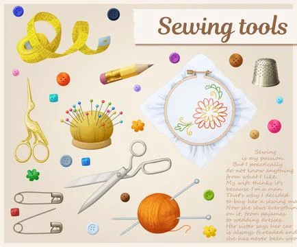 Sewing tools vector icons, collection of scissors measure tape, pencil 스톡 일러스트