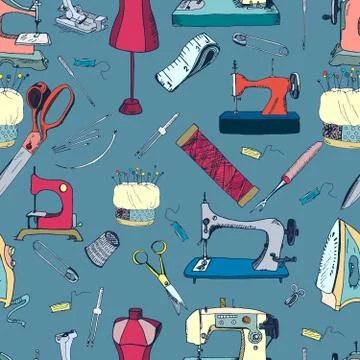 Sewing tools, vintage seamless pattern Stock Illustration