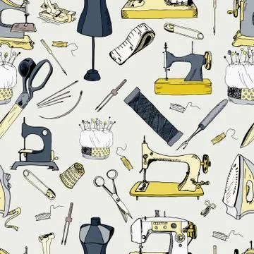 Sewing tools, vintage seamless pattern Stock Illustration