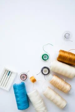 Sewing tools on the white background with copy space Stock Photos