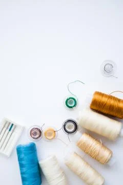 Sewing tools on the white background with copy space Stock Photos