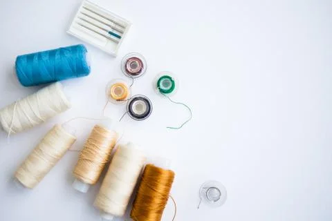 Sewing tools on the white background with copy space Stock Photos