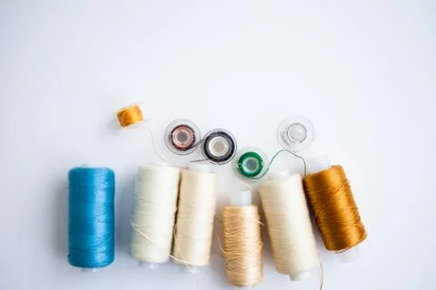 Sewing tools on the white background with copy space Foto stock