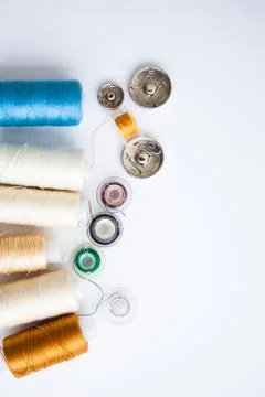 Sewing tools on the white background with copy space Stock Photos