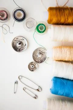 Sewing tools on the white background with copy space Stock Photos