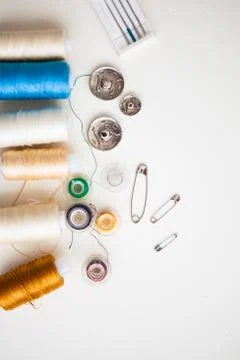 Sewing tools on the white background with copy space Stock Photos