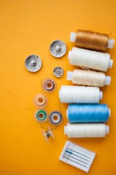 Sewing tools on the yellow background with copy space Stock Photos