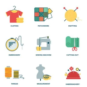 Sewing vector icons set, flat style Stock Illustration