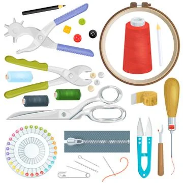 Sewing vector tailor tools sew craft needle thread scissors fabric spool design Stock Illustration