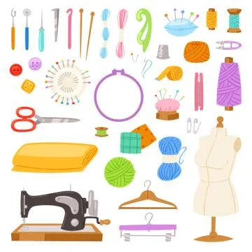 Sewing vector tailor tools sew needle thread scissors fabric spool design for Stock Illustration