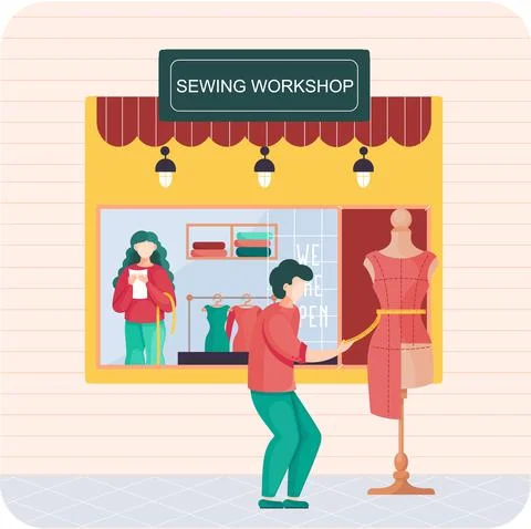 Sewing workshop. Atelier building with big showcase window, seamstresses and Ilustración de archivo