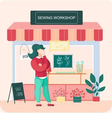 Sewing workshop. Atelier building facade with awning, modern fashion Ilustración de archivo