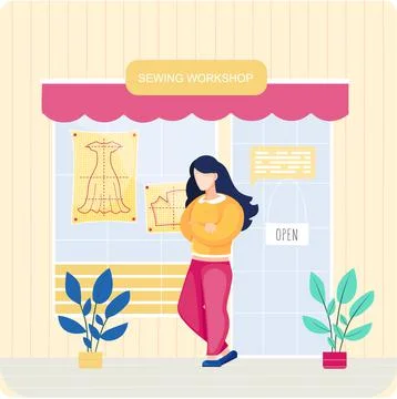 Sewing workshop. Atelier building facade with awning and big showcase window Ilustración de archivo