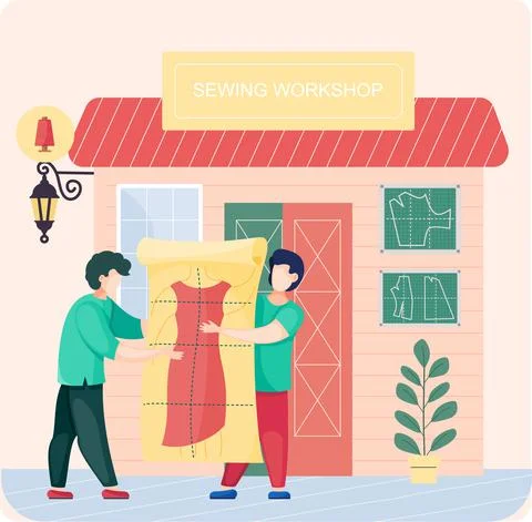 Sewing workshop. Atelier building facade with awning, modern fashion Ilustración de archivo
