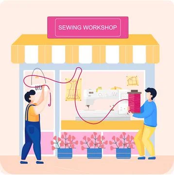 Sewing workshop. Atelier building facade with big showcase window, seamstresses Ilustración de archivo