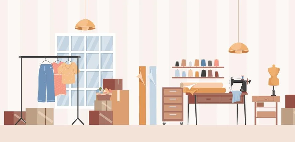 Sewing workshop, dressmaker studio, or clothes atelier interior design vector Stock Illustration