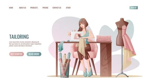 Sewing workshop landing page or web banner template. The dressmaker works on  Stock Illustration