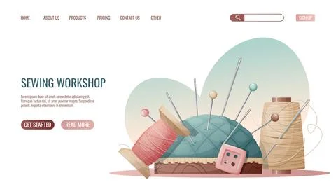 Sewing workshop landing page or web banner template. Hand drawn illustratio.. Stock Illustration