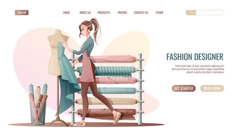 Sewing workshop landing page or web banner template. A woman seamstress cre.. Stock Illustration