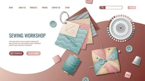Sewing workshop landing page or web banner template. Hand drawn illustratio.. Stock Illustration
