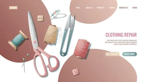 Sewing workshop landing page or web banner template. Hand drawn illustratio.. Stock Illustration