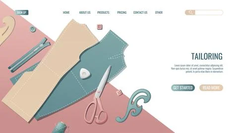 Sewing workshop landing page or web banner templateHand-drawn illustrations.. Stock Illustration