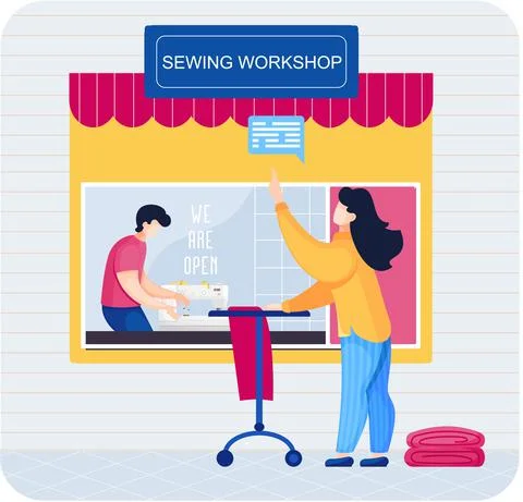 Sewing workshop or professional tailor shop. Atelier facade with awning and big Stock Illustration