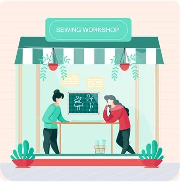 Sewing workshop or professional tailor shop. Atelier facade with awning and big Stock Illustration