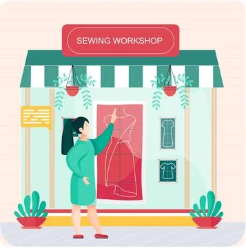 Sewing workshop or professional tailor shop. Atelier facade with awning and big Stock Illustration