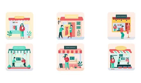 Sewing workshop or professional tailor shop. Atelier facade with awning and big Stock Illustration